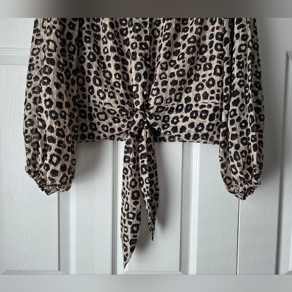 Joseph Ribkoff Beige and Black Leopard Tie-Front V-Neck Blouse Size 4 - Picture 4 of 10